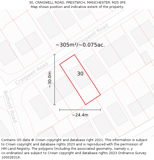 30, CRAIGWELL ROAD, PRESTWICH, MANCHESTER, M25 0FE: Plot and title map