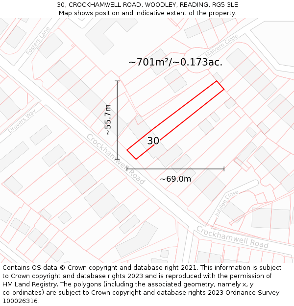 30, CROCKHAMWELL ROAD, WOODLEY, READING, RG5 3LE: Plot and title map