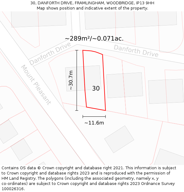 30, DANFORTH DRIVE, FRAMLINGHAM, WOODBRIDGE, IP13 9HH: Plot and title map