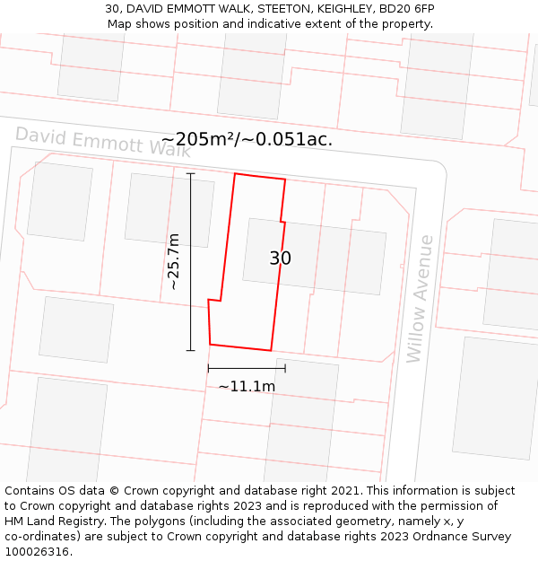 30, DAVID EMMOTT WALK, STEETON, KEIGHLEY, BD20 6FP: Plot and title map