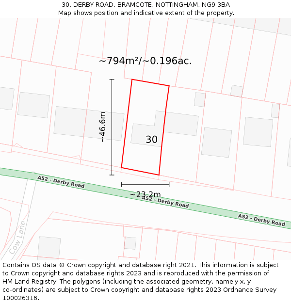 30, DERBY ROAD, BRAMCOTE, NOTTINGHAM, NG9 3BA: Plot and title map