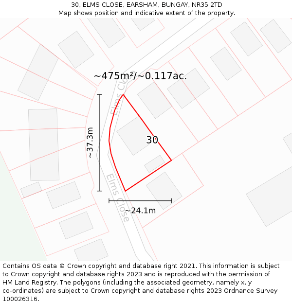 30, ELMS CLOSE, EARSHAM, BUNGAY, NR35 2TD: Plot and title map