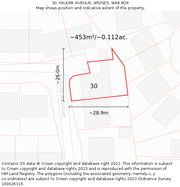 30, FALKIRK AVENUE, WIDNES, WA8 9DX: Plot and title map