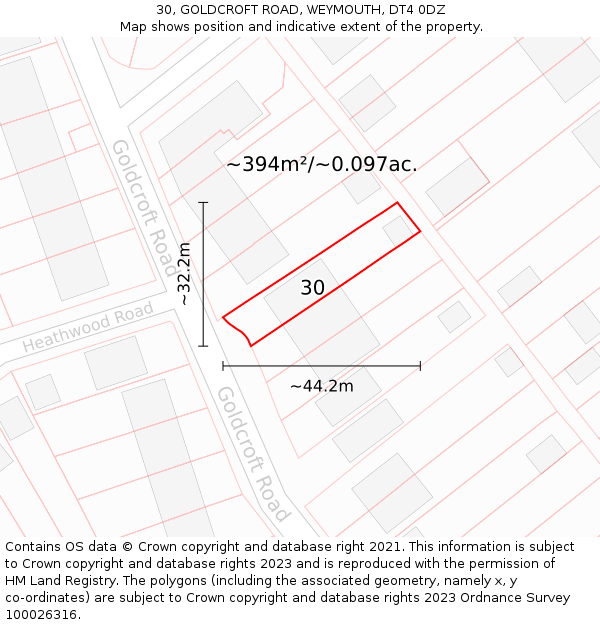 30, GOLDCROFT ROAD, WEYMOUTH, DT4 0DZ: Plot and title map