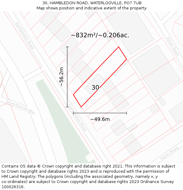 30, HAMBLEDON ROAD, WATERLOOVILLE, PO7 7UB: Plot and title map
