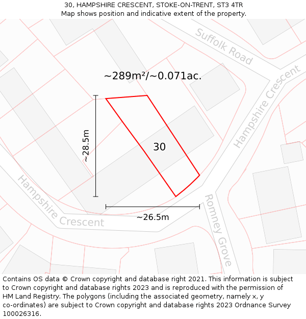 30, HAMPSHIRE CRESCENT, STOKE-ON-TRENT, ST3 4TR: Plot and title map
