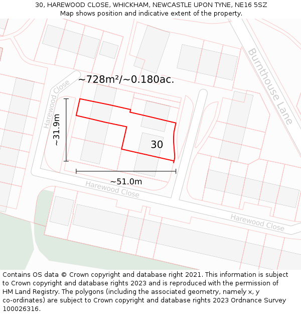 30, HAREWOOD CLOSE, WHICKHAM, NEWCASTLE UPON TYNE, NE16 5SZ: Plot and title map