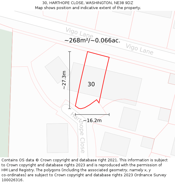 30, HARTHOPE CLOSE, WASHINGTON, NE38 9DZ: Plot and title map