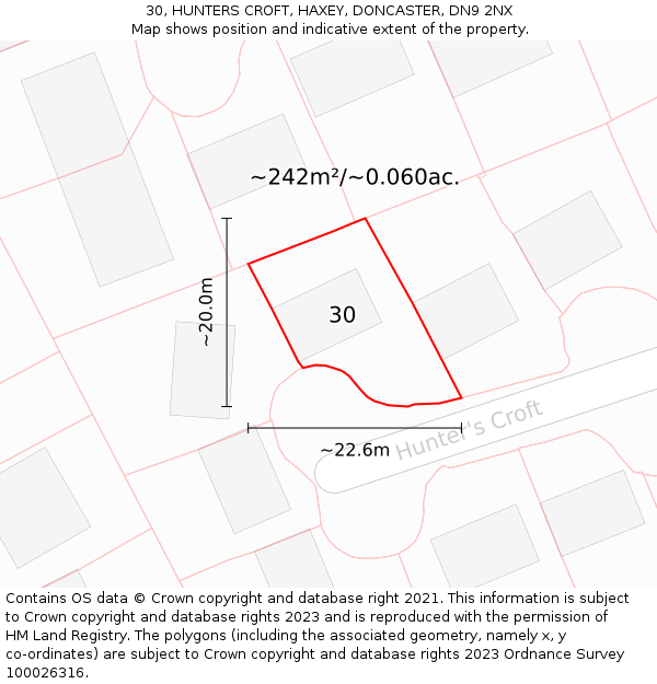 30, HUNTERS CROFT, HAXEY, DONCASTER, DN9 2NX: Plot and title map