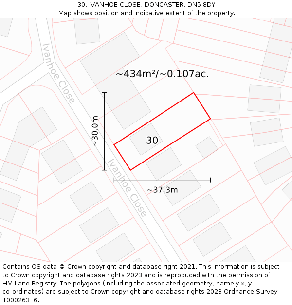 30, IVANHOE CLOSE, DONCASTER, DN5 8DY: Plot and title map