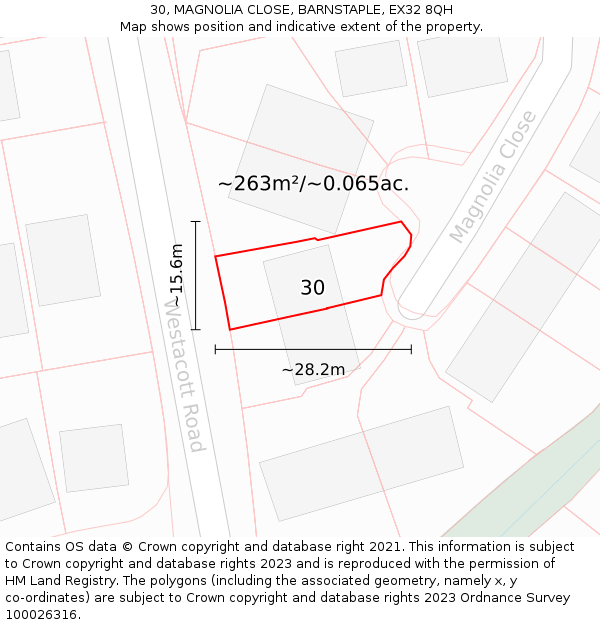 30, MAGNOLIA CLOSE, BARNSTAPLE, EX32 8QH: Plot and title map