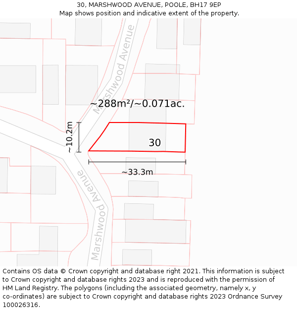 30, MARSHWOOD AVENUE, POOLE, BH17 9EP: Plot and title map