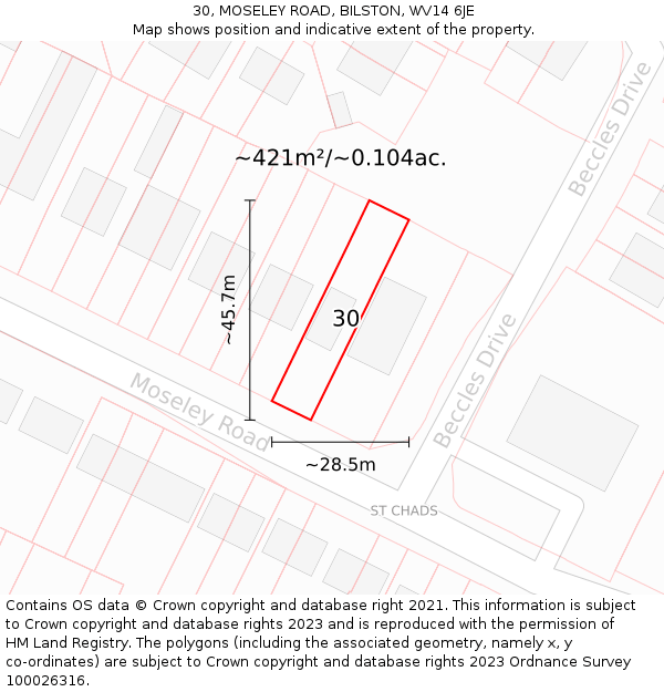 30, MOSELEY ROAD, BILSTON, WV14 6JE: Plot and title map