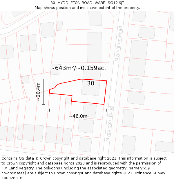 30, MYDDLETON ROAD, WARE, SG12 9JT: Plot and title map