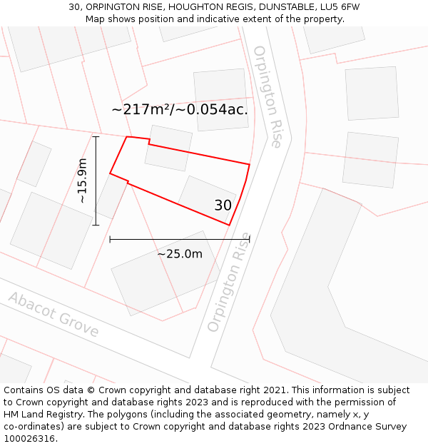 30, ORPINGTON RISE, HOUGHTON REGIS, DUNSTABLE, LU5 6FW: Plot and title map