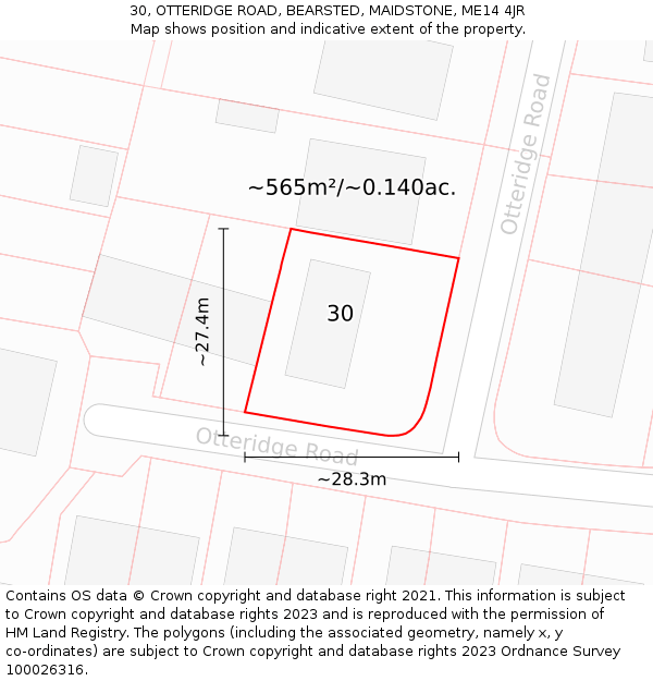 30, OTTERIDGE ROAD, BEARSTED, MAIDSTONE, ME14 4JR: Plot and title map