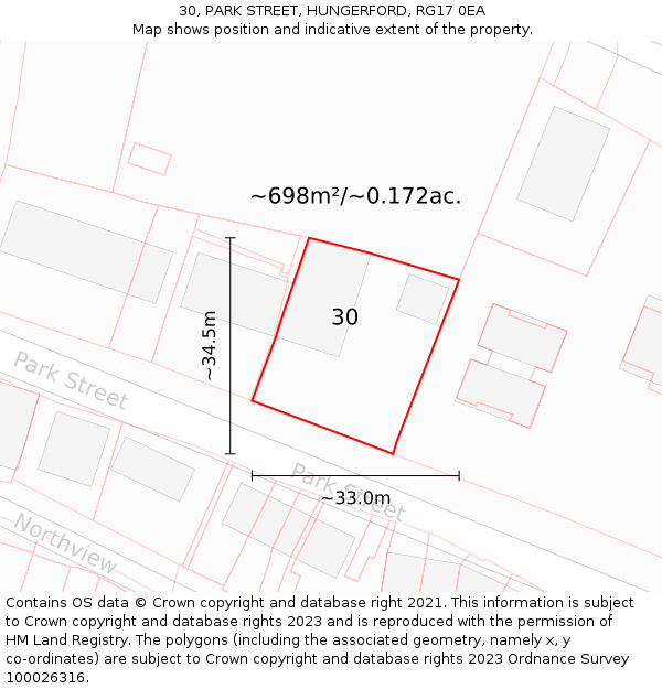 30, PARK STREET, HUNGERFORD, RG17 0EA: Plot and title map