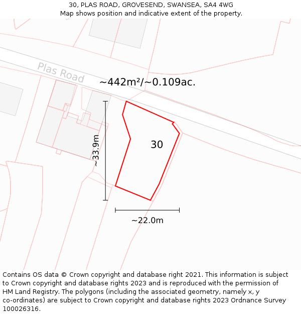 30, PLAS ROAD, GROVESEND, SWANSEA, SA4 4WG: Plot and title map