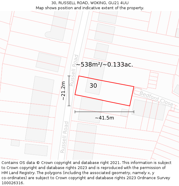 30, RUSSELL ROAD, WOKING, GU21 4UU: Plot and title map