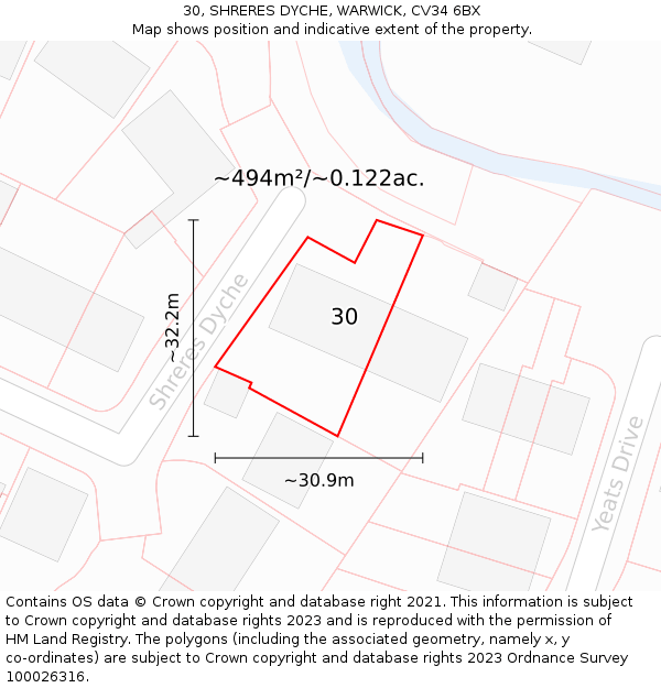 30, SHRERES DYCHE, WARWICK, CV34 6BX: Plot and title map