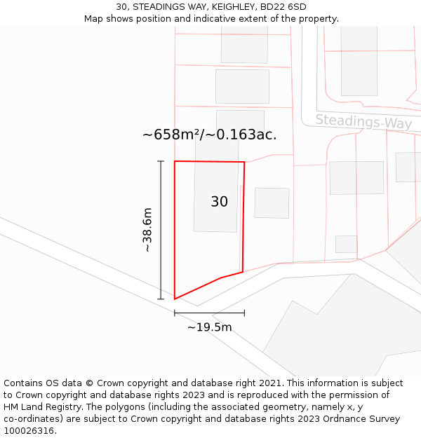 30, STEADINGS WAY, KEIGHLEY, BD22 6SD: Plot and title map