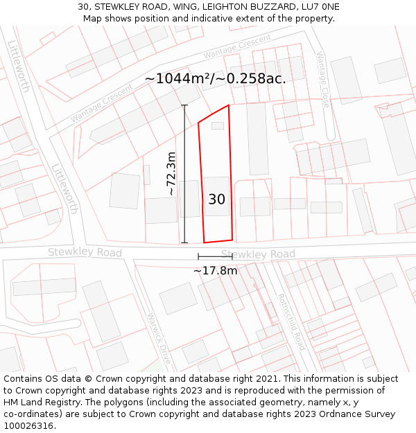 30, STEWKLEY ROAD, WING, LEIGHTON BUZZARD, LU7 0NE: Plot and title map