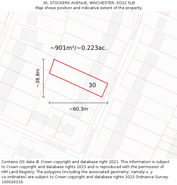 30, STOCKERS AVENUE, WINCHESTER, SO22 5LB: Plot and title map