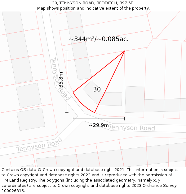 30, TENNYSON ROAD, REDDITCH, B97 5BJ: Plot and title map