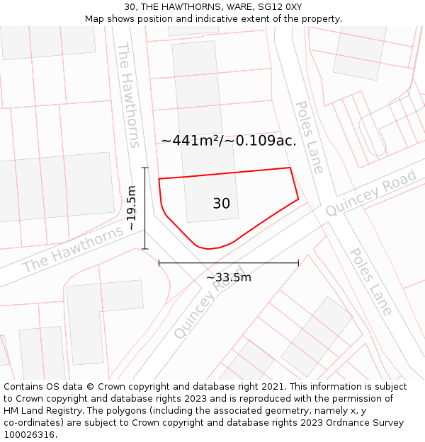 30, THE HAWTHORNS, WARE, SG12 0XY: Plot and title map