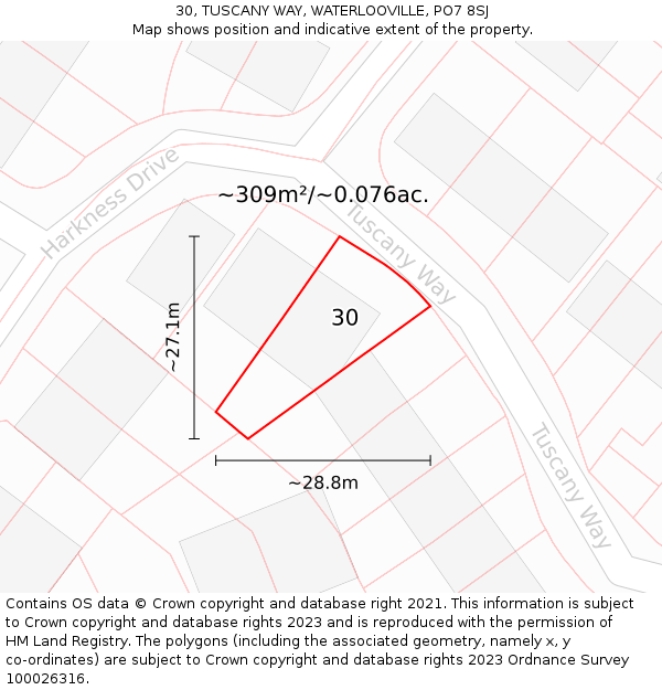 30, TUSCANY WAY, WATERLOOVILLE, PO7 8SJ: Plot and title map