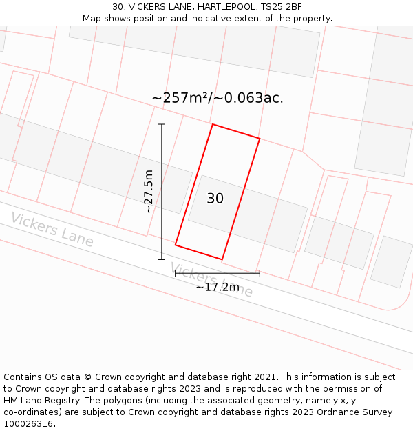 30, VICKERS LANE, HARTLEPOOL, TS25 2BF: Plot and title map