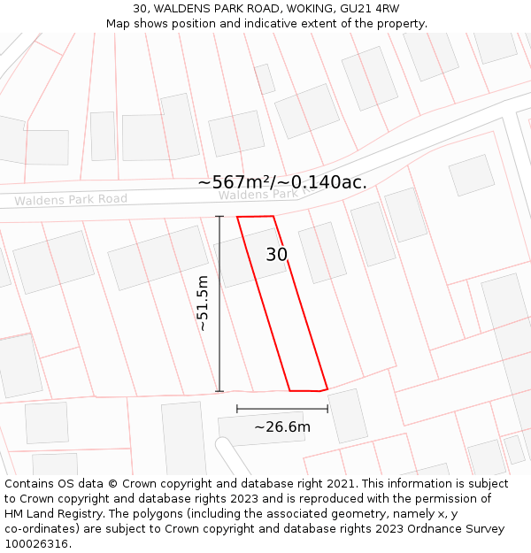 30, WALDENS PARK ROAD, WOKING, GU21 4RW: Plot and title map