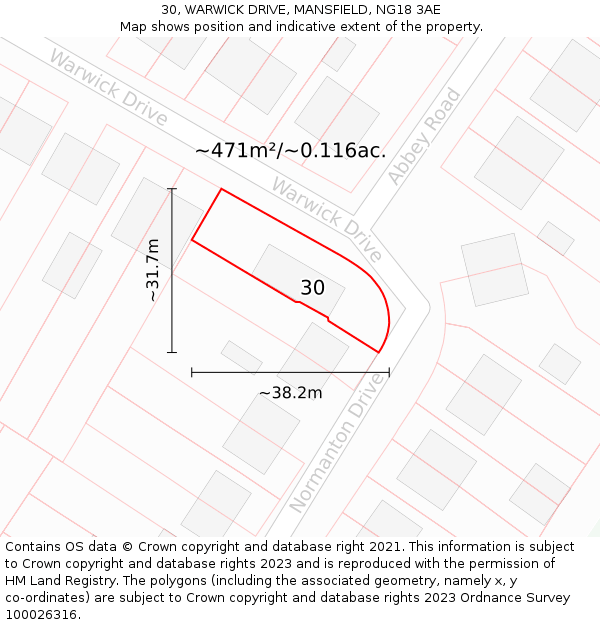 30, WARWICK DRIVE, MANSFIELD, NG18 3AE: Plot and title map