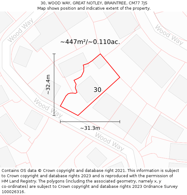 30, WOOD WAY, GREAT NOTLEY, BRAINTREE, CM77 7JS: Plot and title map