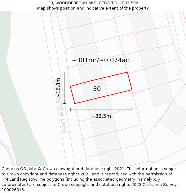 30, WOODBERROW LANE, REDDITCH, B97 5PA: Plot and title map