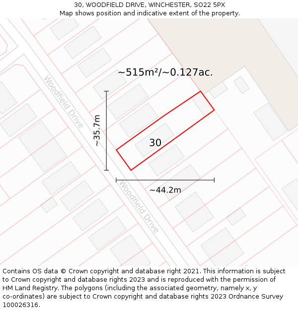 30, WOODFIELD DRIVE, WINCHESTER, SO22 5PX: Plot and title map