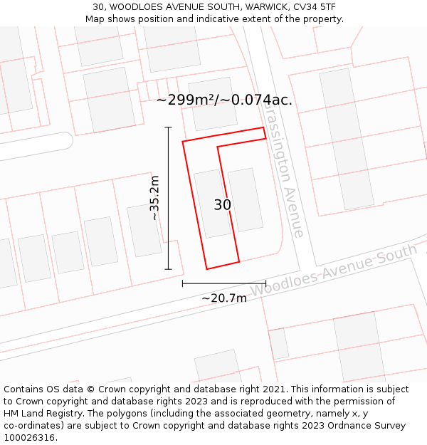 30, WOODLOES AVENUE SOUTH, WARWICK, CV34 5TF: Plot and title map