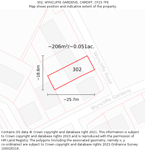 302, WYNCLIFFE GARDENS, CARDIFF, CF23 7FE: Plot and title map