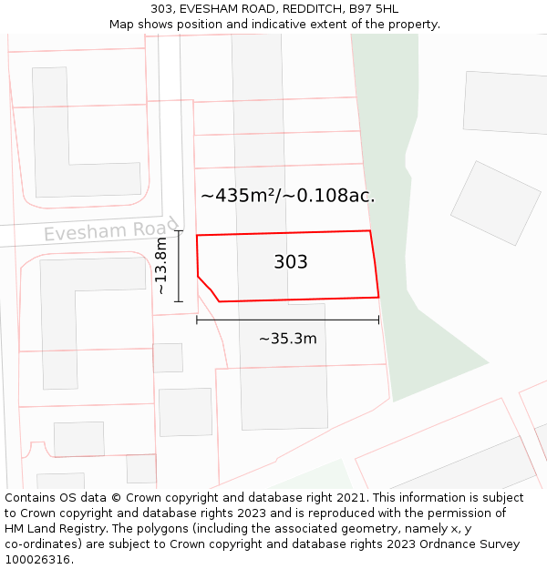 303, EVESHAM ROAD, REDDITCH, B97 5HL: Plot and title map