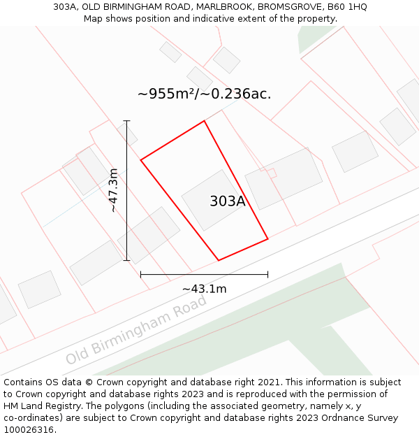 303A, OLD BIRMINGHAM ROAD, MARLBROOK, BROMSGROVE, B60 1HQ: Plot and title map