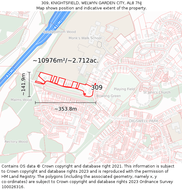 309, KNIGHTSFIELD, WELWYN GARDEN CITY, AL8 7NJ: Plot and title map