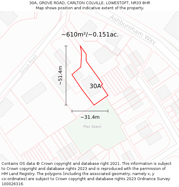 30A, GROVE ROAD, CARLTON COLVILLE, LOWESTOFT, NR33 8HR: Plot and title map