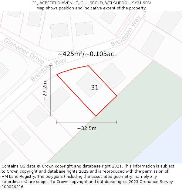 31, ACREFIELD AVENUE, GUILSFIELD, WELSHPOOL, SY21 9PN: Plot and title map