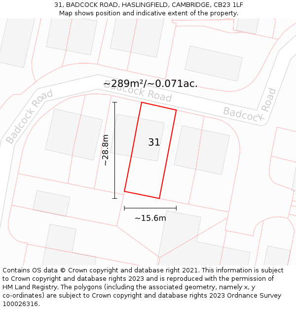 31, BADCOCK ROAD, HASLINGFIELD, CAMBRIDGE, CB23 1LF: Plot and title map