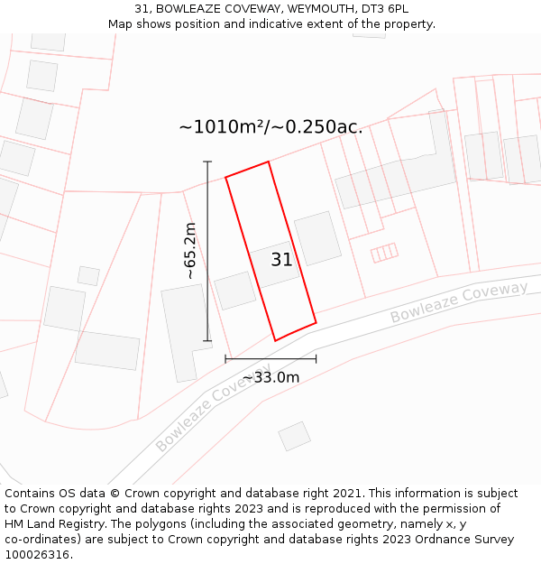 31, BOWLEAZE COVEWAY, WEYMOUTH, DT3 6PL: Plot and title map