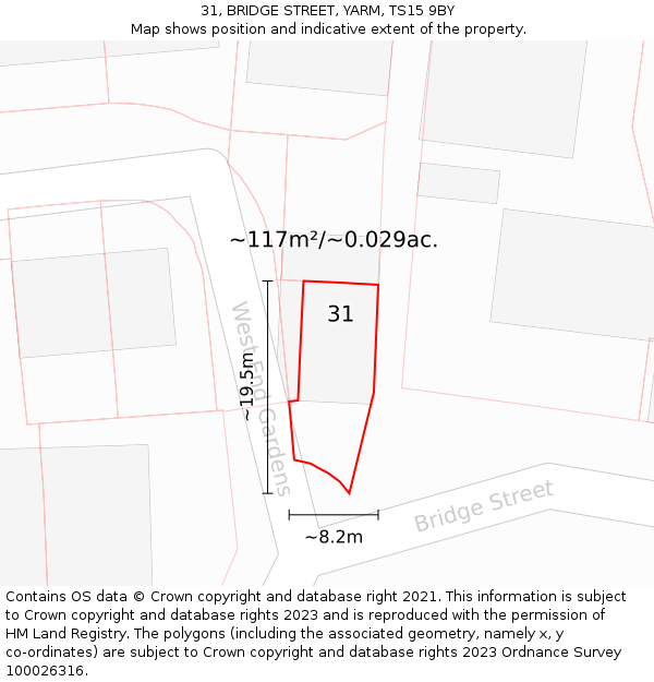 31, BRIDGE STREET, YARM, TS15 9BY: Plot and title map