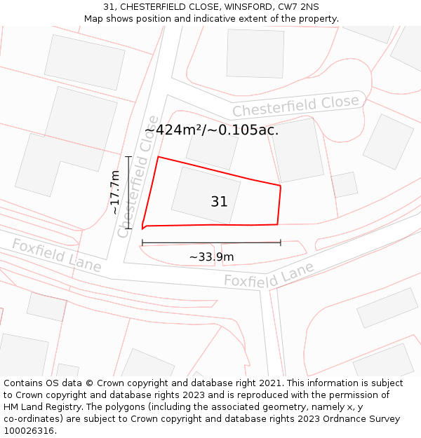 31, CHESTERFIELD CLOSE, WINSFORD, CW7 2NS: Plot and title map