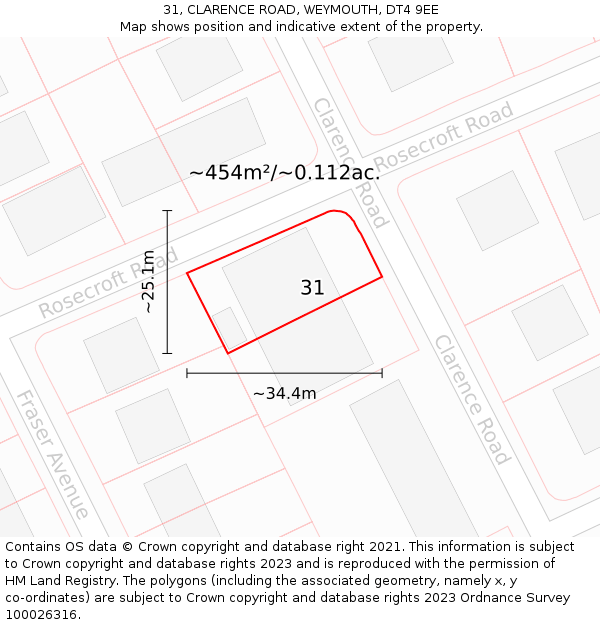 31, CLARENCE ROAD, WEYMOUTH, DT4 9EE: Plot and title map