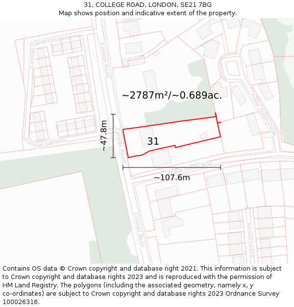 31, COLLEGE ROAD, LONDON, SE21 7BG: Plot and title map