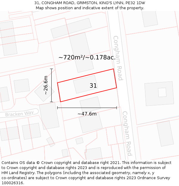 31, CONGHAM ROAD, GRIMSTON, KING'S LYNN, PE32 1DW: Plot and title map